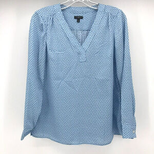 Talbots Top Womens P Blue Black Print V Neck Long Sleeve Blouse Career Petite
